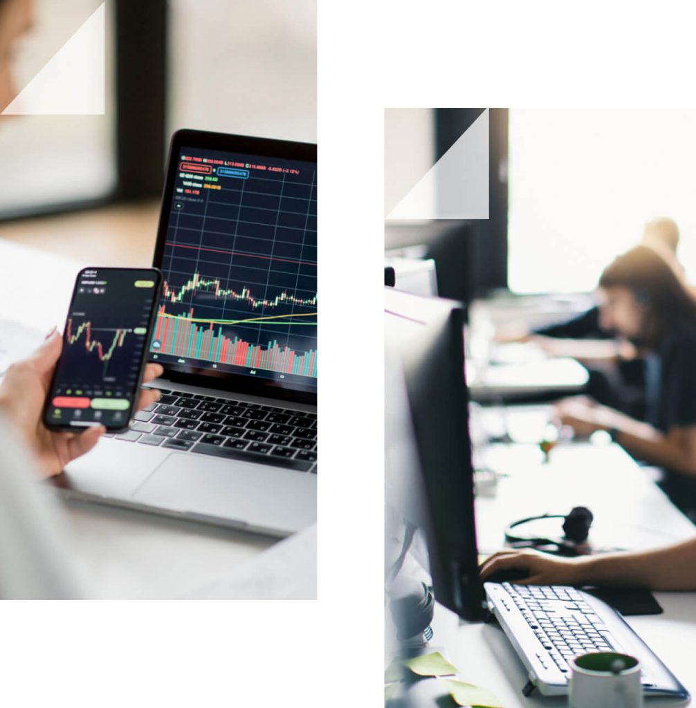 Dual image with a close up of a laptop and a computer showing people working on financial solutions.