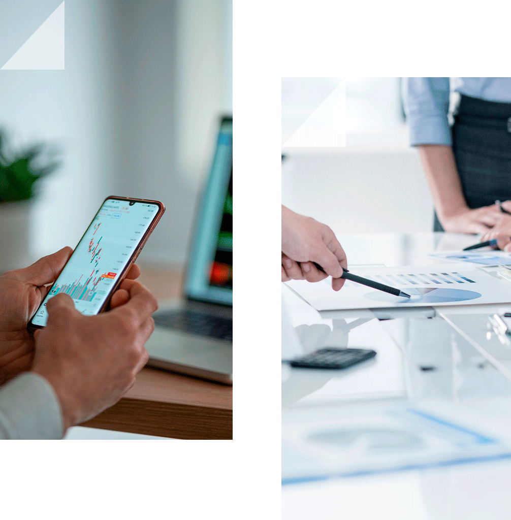 Close-up of hands holding a phone and another of people examining graphs on a table, both representing engagement with financial solutions.